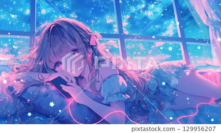 幻想動漫風格的插圖，一個女孩在夜空的包圍下看著她的智慧型手機 129956207