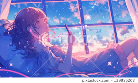 一個女孩一邊聽音樂一邊仰望黎明的天空，動漫風格 129956208
