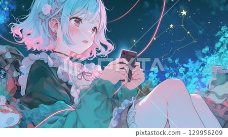 一幅精美的智慧型手機插圖，描繪了一個女孩被星座和燈光包圍，動漫風格 129956209