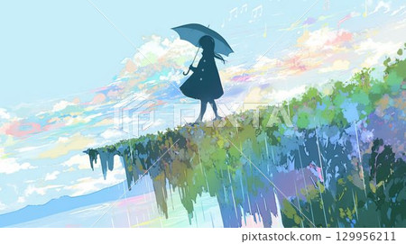 雨中撐傘女孩的奇幻動漫風格剪影 129956211