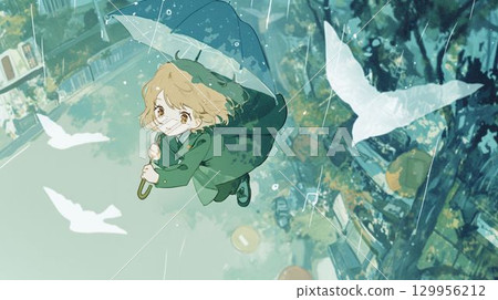 一個女孩在雨中撐傘在天空飛翔動漫風格的幻想 129956212