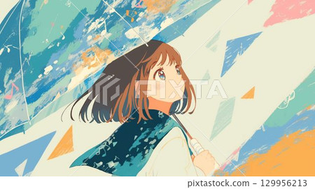 溫柔的動漫風格插圖，描繪了一個撐著透明傘的女孩抬頭仰望 129956213