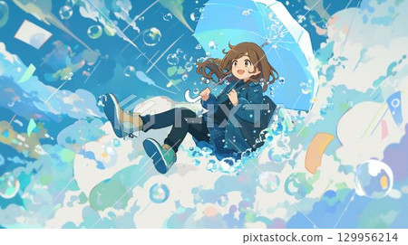 動畫風格的插圖，一個女孩在雨中快樂地漂浮 129956214