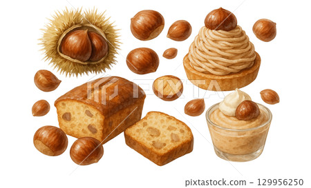 Watercolor chestnuts and chestnut sweets 129956250