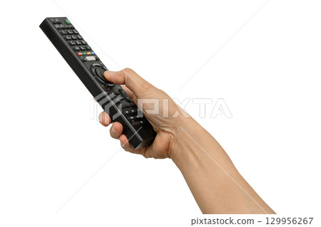 Asian woman use finger of left hand to press button on television remote control isolated on white background with clipping path. 129956267