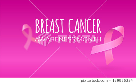 Flying realistic pink ribbons on light pink background with copy space. Breast cancer awareness symbol in october. Vector illustration for banner, poster, invitation, flyer. 129956354