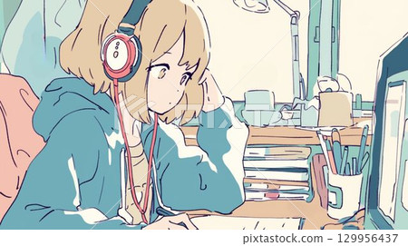 Blonde girl with headphones sitting at a desk and taking notes Anime style Blonde girl with headphones sitting at a desk and taking notes Anime style 129956437