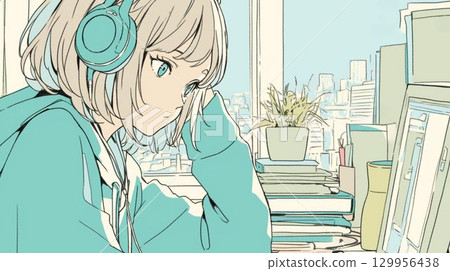 Anime-style illustration of a girl with headphones concentrating on studying by the window 129956438