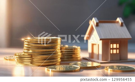 房屋和資產組成的圖片。一棟微型房屋和成堆的金錢。 129956455