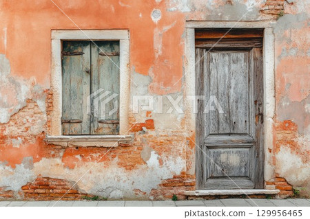 Weathered wooden door on rustic wall with exposed bricks. Neural network AI generated Weathered wooden door on rustic wall with exposed bricks. Neural network AI generated 129956465
