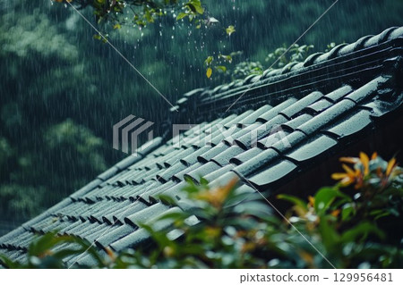 Rain-soaked roof and branch in serene garden. Neural network AI generated 129956481