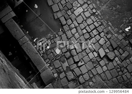 Cobblestone street close-up with moody lighting. Neural network AI generated 129956484