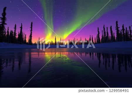 Northern lights over snowy forest and frozen lake at night. Neural network AI generated Northern lights over snowy forest and frozen lake at night. Neural network AI generated 129956491