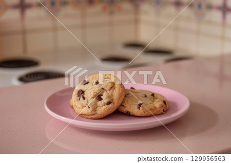 Chocolate chip cookies on pink plate in kitchen. Neural network AI generated 129956563