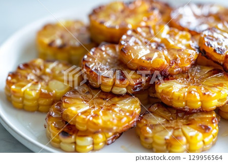 Grilled corn slices with char marks on white plate. Neural network AI generated 129956564