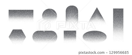 A set of grain, noise geometric shapes with a gradient. Spray square, circle, triangle, arch, hexagon. Vector illustration 129956685