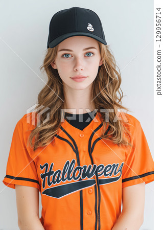 一位身穿萬聖節制服、微笑的女人 一位身穿萬聖節制服、微笑的女人 129956714