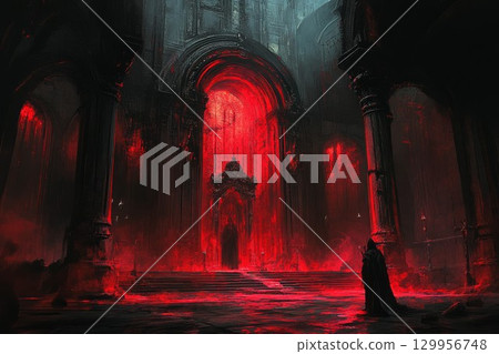 Dark attire figure in candlelit gothic cathedral interior. Neural network AI generated 129956748