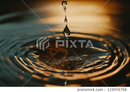 Water droplet splash with warm reflections. Neural network AI generated Water droplet splash with warm reflections. Neural network AI generated 129956766