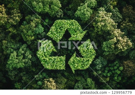 Lush forest with green recycling symbol overhead. Neural network AI generated 129956779
