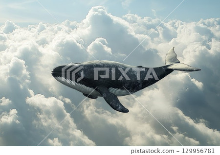 Majestic whale floating among clouds in dreamlike scene. Neural network AI generated 129956781