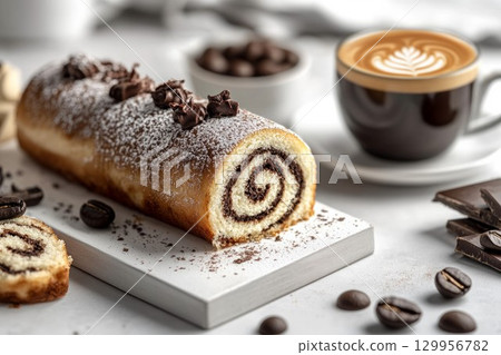 Chocolate swiss roll on counter with coffee glass. Neural network AI generated 129956782