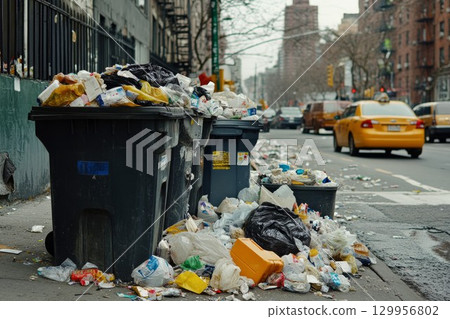 Overflowing trash bins on city street in overcast weather. Neural network AI generated 129956802