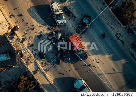 Aerial view of car collision on open road. Neural network AI generated Aerial view of car collision on open road. Neural network AI generated 129956808