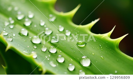Close-up of aloe leaf with water droplets. Neural network AI generated 129956809