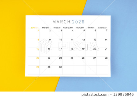 March 2026 calendar page on yellow and blue color background. 129956946