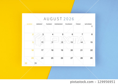 August 2026 calendar page on yellow and blue color background. August 2026 calendar page on yellow and blue color background. 129956951