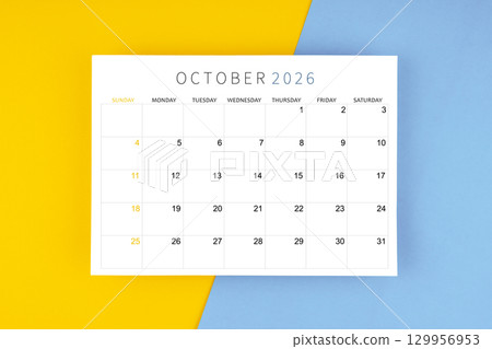 October 2026 calendar page on yellow and blue color background. October 2026 calendar page on yellow and blue color background. 129956953