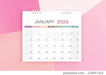 January month desk calendar for 2026 year on paper colorful background. January month desk calendar for 2026 year on paper colorful background. 129957102