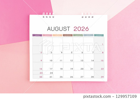 August month desk calendar for 2026 year on paper colorful background. 129957109