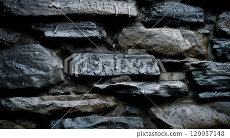 Raindrops on old stone wall texture. Neural network AI generated 129957148