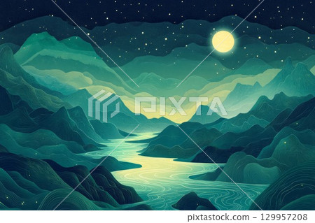 Enchanted landscape night scene with planets and moons. Neural network AI generated 129957208