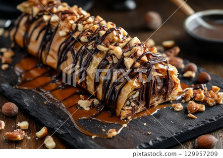 Chocolate hazelnut strudel on slate with caramel drizzle. Neural network AI generated Chocolate hazelnut strudel on slate with caramel drizzle. Neural network AI generated 129957209
