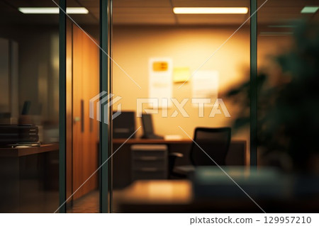 Serene office sunset with potted plant and laptop. Neural network AI generated 129957210