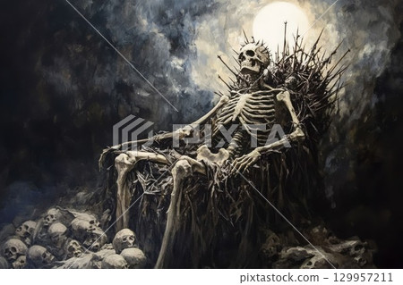 Skeleton on bone throne under moonlit sky. Neural network AI generated 129957211