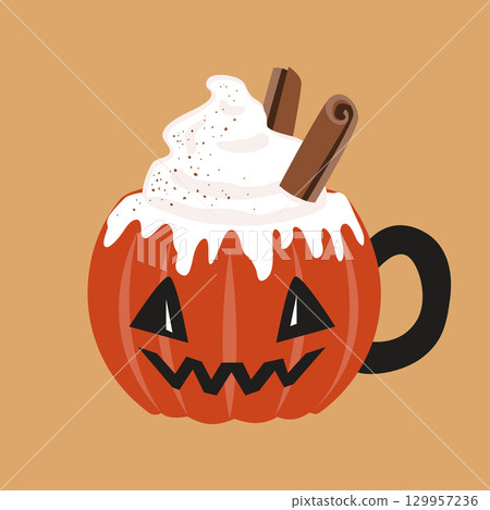 Pumpkin face mug with spice latte coffee. Seasonal hot drink with foam, cream, and cinnamon sticks. Vector isolated illustration. Pumpkin spice latte. Coffee hot drink Pumpkin face mug with spice latte coffee. Seasonal hot drink with foam, cream, and cinnamon sticks. Vector isolated illustration. Pumpkin spice latte. Coffee hot drink 129957236