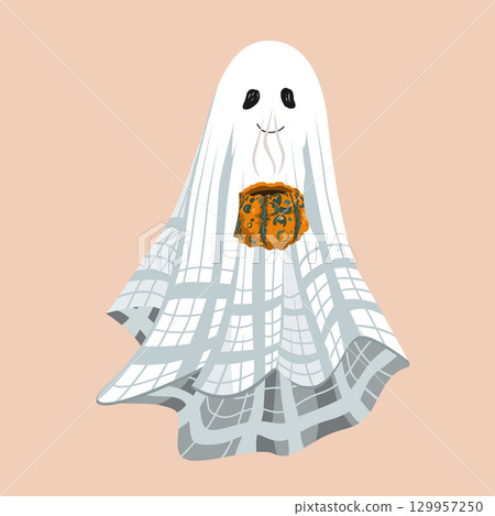 Funny cute sheet ghost with a hot drink. Sheet ghost holding a pumpkin mug. Halloween design element, isolated vector illustration. Fall season aesthetic cute flat design 129957250