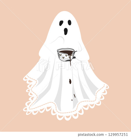 A cute scared lace-sheet ghost, spilling a coffee on its sheet . Sheet ghost holding a mug with hot chocolate. Halloween design element, isolated vector illustration. Fall season aesthetic design. 129957251