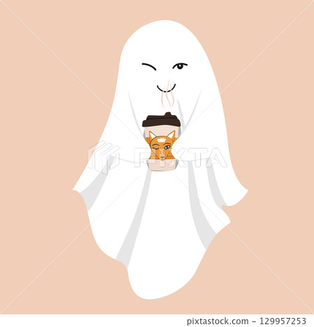 Funny ghost with a hot drink in paper cup. Sheet ghost holding a mug. Halloween design element, isolated vector illustration. Fall season aesthetic cute flat design. 129957253