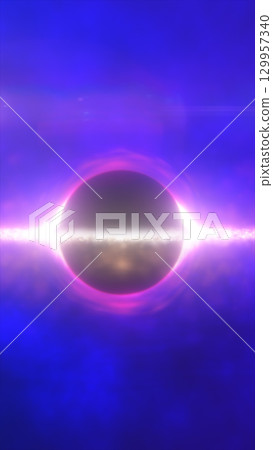Glowing cosmic sphere emitting intense energy surrounded by a vibrant purple halo against a blue space background 129957340