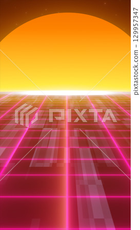 Retro-futuristic digital sunset with glowing grid and stylized orange sun in the background 129957347