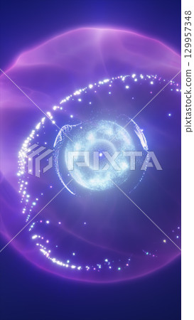 Abstract glowing sphere suspended in a galactic aura with spiral light trails 129957348