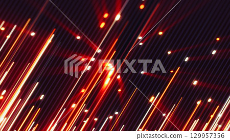 Abstract red and white glowing light trails moving diagonally on a dark background, creating a sense of speed and energy Abstract red and white glowing light trails moving diagonally on a dark background, creating a sense of speed and energy 129957356