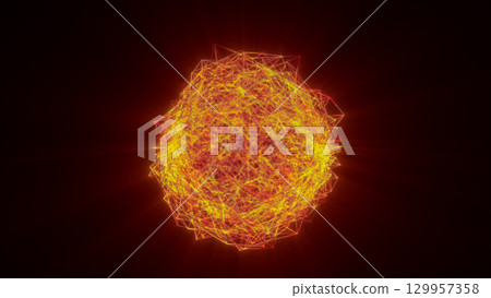 Bright abstract orange sphere made of glowing tangled lines, radiating heat and energy on a dark background Bright abstract orange sphere made of glowing tangled lines, radiating heat and energy on a dark background 129957358