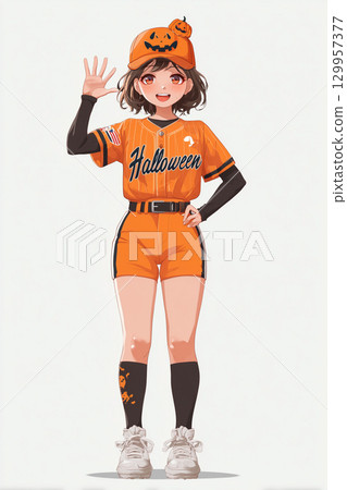 A female character wearing a Halloween-themed baseball uniform 129957377