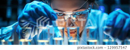 A focused scientist examines test tubes in a high-tech laboratory, emphasizing precision and innovation in research. 129957547